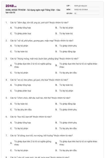 ĐGNL ĐHQG TP.HCM - Sử dụng ngôn ngữ Tiếng Việt - Cấu tạo của từ