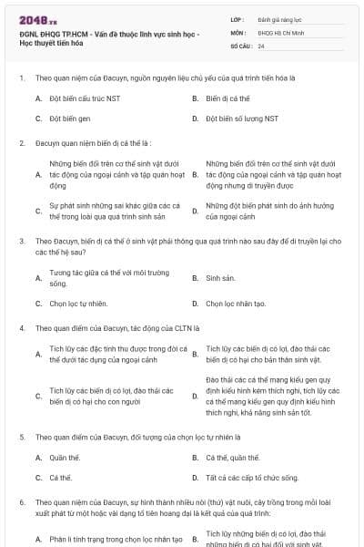 ĐGNL ĐHQG TP.HCM - Vấn đề thuộc lĩnh vực sinh học - Học thuyết tiến hóa