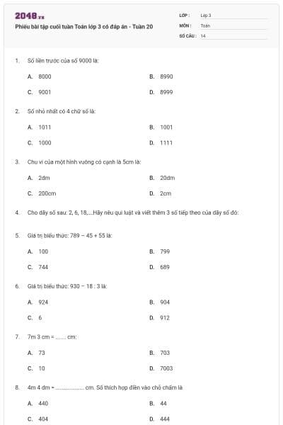 Phiếu bài tập cuối tuần Toán lớp 3 có đáp án - Tuần 20