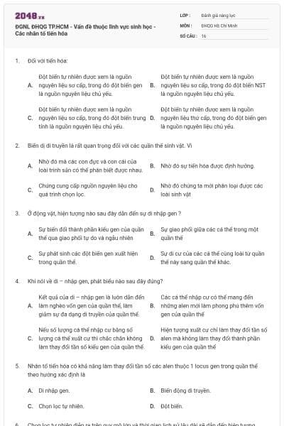 ĐGNL ĐHQG TP.HCM - Vấn đề thuộc lĩnh vực sinh học - Các nhân tố tiến hóa