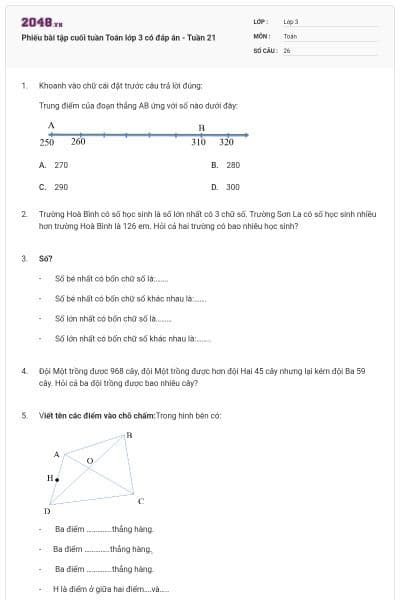 Phiếu bài tập cuối tuần Toán lớp 3 có đáp án - Tuần 21