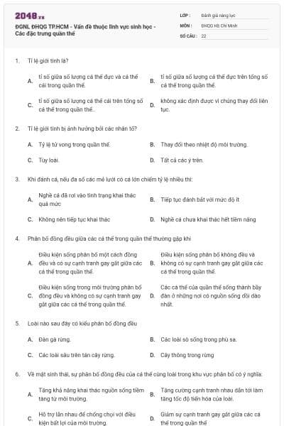 ĐGNL ĐHQG TP.HCM - Vấn đề thuộc lĩnh vực sinh học - Các đặc trưng quần thể