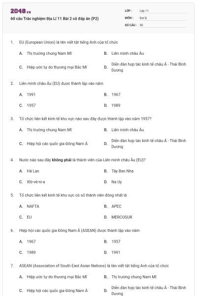 60 câu Trắc nghiệm Địa Lí 11 Bài 2 có đáp án (P2)