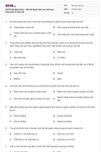 ĐGTD ĐH Bách khoa - Vấn đề thuộc lĩnh vực sinh học - Khái quát Vi sinh vật