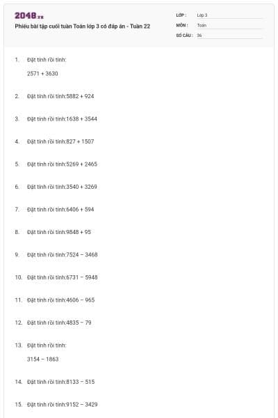Phiếu bài tập cuối tuần Toán lớp 3 có đáp án - Tuần 22