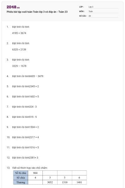 Phiếu bài tập cuối tuần Toán lớp 3 có đáp án - Tuần 23