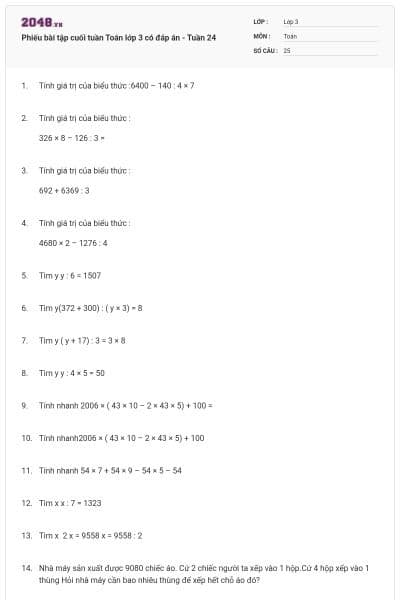 Phiếu bài tập cuối tuần Toán lớp 3 có đáp án - Tuần 24