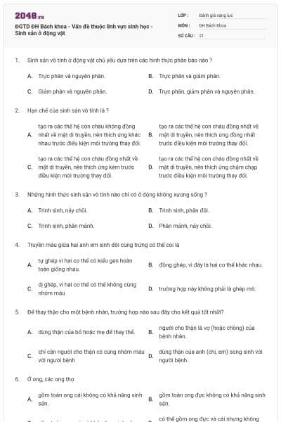 ĐGTD ĐH Bách khoa - Vấn đề thuộc lĩnh vực sinh học - Sinh sản ở động vật