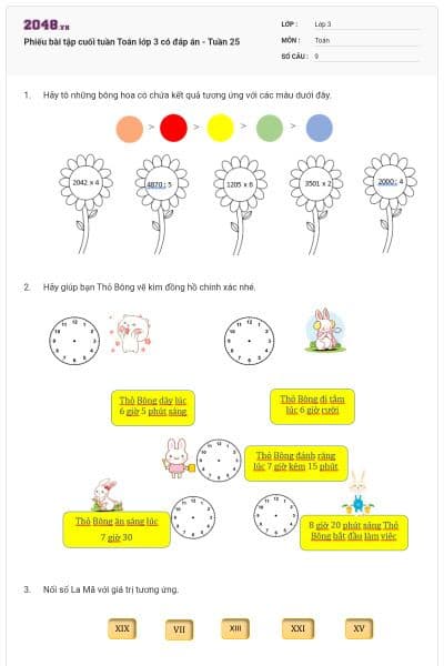 Phiếu bài tập cuối tuần Toán lớp 3 có đáp án - Tuần 25