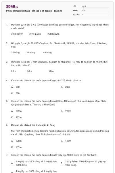 Phiếu bài tập cuối tuần Toán lớp 3 có đáp án - Tuần 26