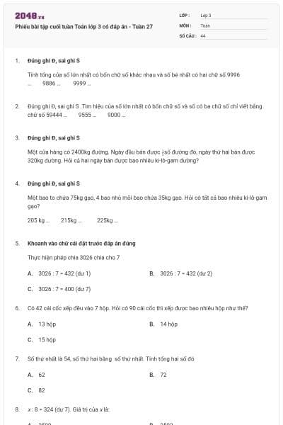 Phiếu bài tập cuối tuần Toán lớp 3 có đáp án - Tuần 27