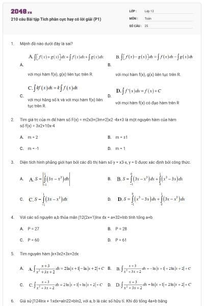 210 câu Bài tập Tích phân cực hay có lời giải (P1)