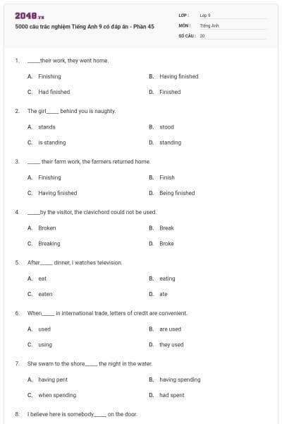 5000 câu trắc nghiệm Tiếng Anh 9 có đáp án - Phần 45