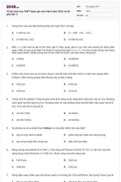 35 đề minh họa THPT Quốc gia môn Vật lí năm 2022 có lời giải (Đề 1)