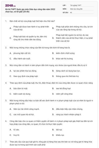 Đề thi THPT Quốc gia môn Giáo dục công dân năm 2022 chọn lọc, có lời giải (20 đề)