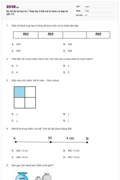 Bộ 20 đề thi học kì 1 Toán lớp 3 Kết nối tri thức có đáp án (Đề 17)