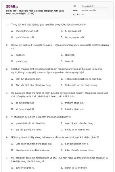 Đề thi THPT Quốc gia môn Giáo dục công dân năm 2022 chọn lọc, có lời giải (20 đề)