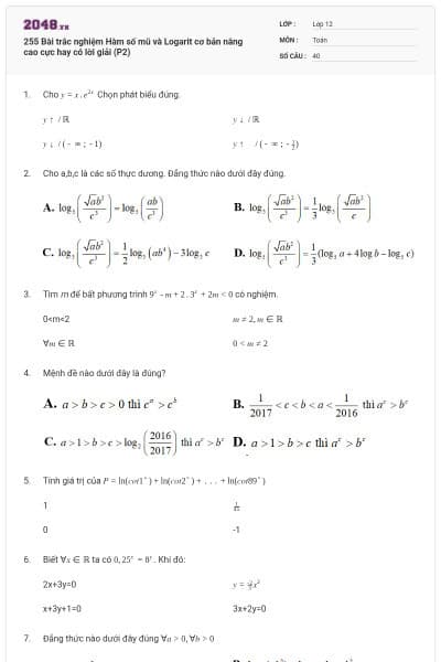 255 Bài trắc nghiệm Hàm số mũ và Logarit cơ bản nâng cao cực hay có lời giải (P2)