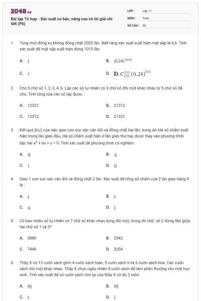 Bài tập Tổ hợp - Xác suất cơ bản, nâng cao có lời giải chi tiết (P6)