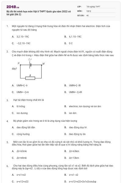 Bộ đề thi minh họa môn Vật lí THPT Quốc gia năm 2022 có lời giải (Đề 2)