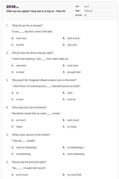 5000 câu trắc nghiệm Tiếng Anh 9 có đáp án - Phần 48