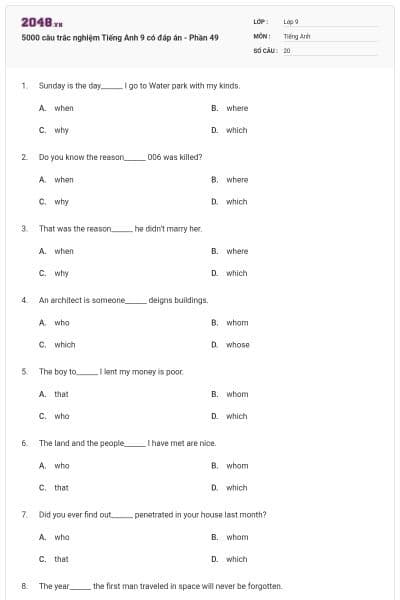 5000 câu trắc nghiệm Tiếng Anh 9 có đáp án - Phần 49