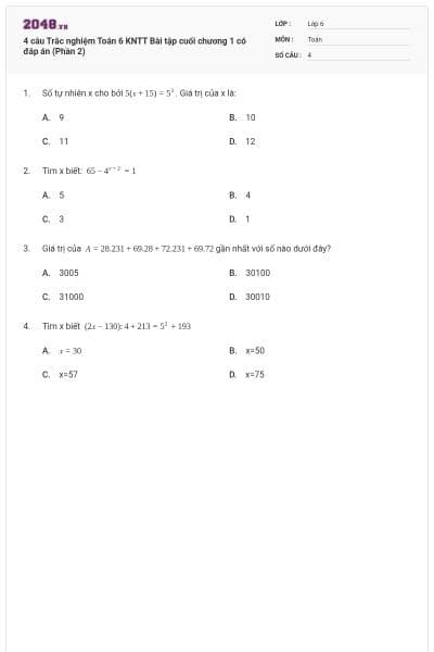 4 câu Trắc nghiệm Toán 6 KNTT Bài tập cuối chương 1 có đáp án (Phần 2)
