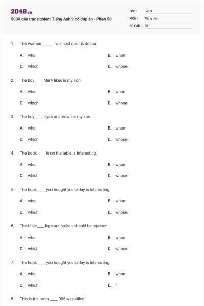 5000 câu trắc nghiệm Tiếng Anh 9 có đáp án - Phần 50