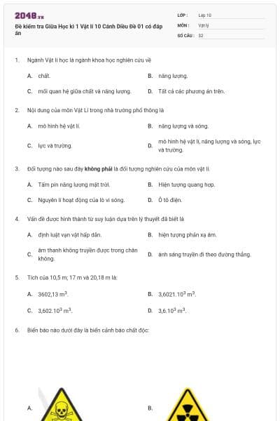 Đề kiểm tra Giữa Học kì 1 Vật lí 10 Cánh Diều Đề 01 có đáp án