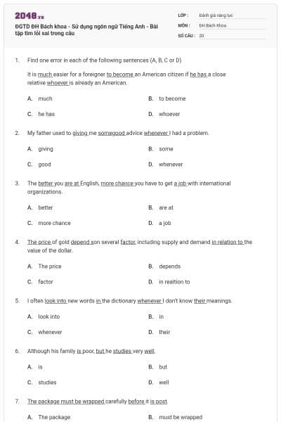 ĐGTD ĐH Bách khoa - Sử dụng ngôn ngữ Tiếng Anh - Bài tập tìm lỗi sai trong câu