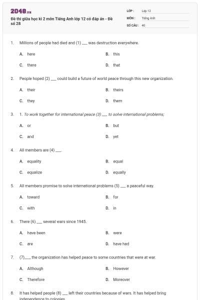Đề thi giữa học kì 2 môn Tiếng Anh lớp 12 có đáp án - Đề số 28