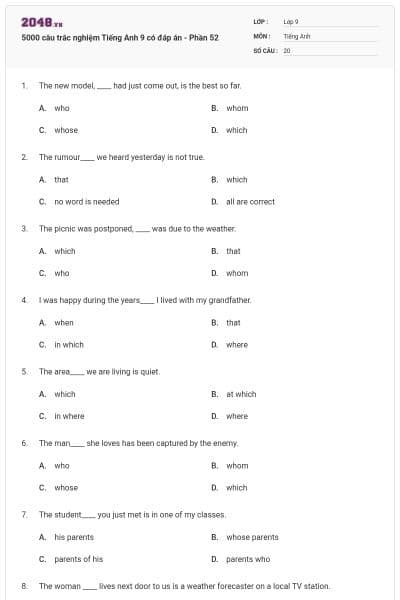 5000 câu trắc nghiệm Tiếng Anh 9 có đáp án - Phần 52