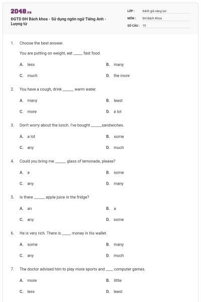 ĐGTD ĐH Bách khoa - Sử dụng ngôn ngữ Tiếng Anh - Lượng từ