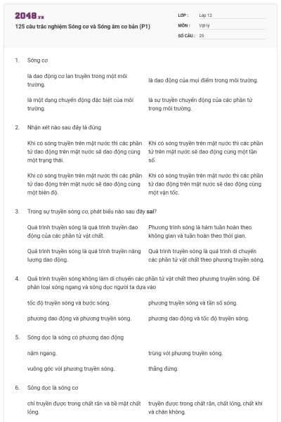 125 câu trắc nghiệm Sóng cơ và Sóng âm cơ bản (P1)