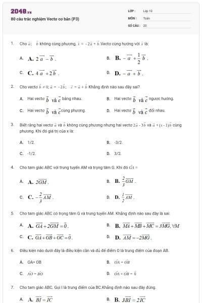 80 câu trắc nghiệm Vectơ cơ bản (P3)