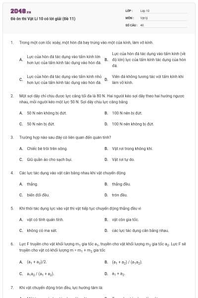 Đề ôn thi Vật Lí 10 có lời giải (Đề 11)