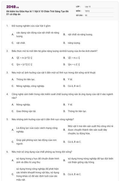 Đề kiểm tra Giữa Học kì 1 Vật lí 10 Chân Trời Sáng Tạo Đề 01 có đáp án
