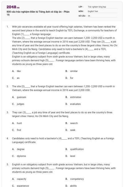 800 câu trắc nghiệm Điền từ Tiếng Anh có đáp án - Phần 16