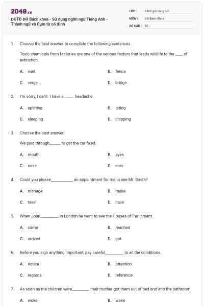 ĐGTD ĐH Bách khoa - Sử dụng ngôn ngữ Tiếng Anh - Thành ngữ và Cụm từ cố định