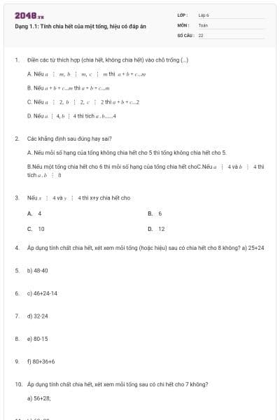 Dạng 1.1: Tính chia hết của một tổng, hiệu có đáp án