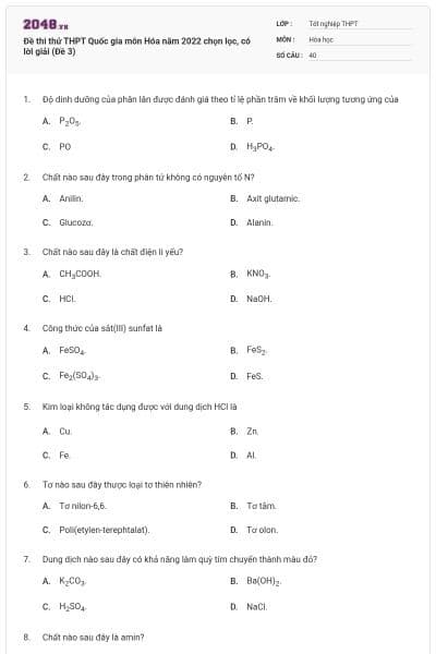 Đề thi thử THPT Quốc gia môn Hóa năm 2022 chọn lọc, có lời giải (Đề 3)