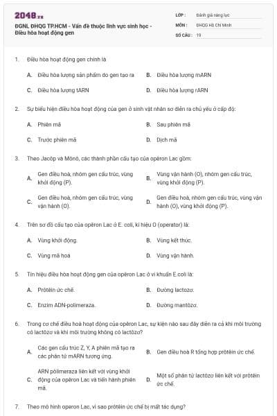 ĐGNL ĐHQG TP.HCM - Vấn đề thuộc lĩnh vực sinh học - Điều hòa hoạt động gen