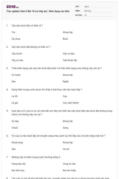 Trắc nghiệm Sinh 6 Bài 18 (có đáp án) : Biến dạng của thân