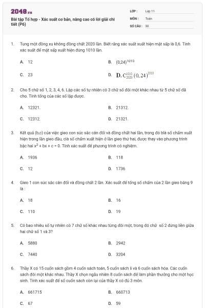 Bài tập Tổ hợp - Xác suất cơ bản, nâng cao có lời giải chi tiết (P6)