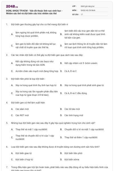 ĐGNL ĐHQG TP.HCM - Vấn đề thuộc lĩnh vực sinh học - Nhiễm sắc thể và đột biến cấu trúc nhiễm sắc thể