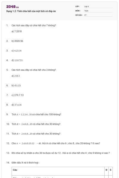 Dạng 1.2: Tính chia hết của một tích có đáp án
