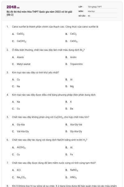 Bộ đề thi thử môn Hóa THPT Quốc gia năm 2022 có lời giải (Đề 2)