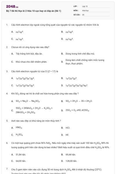 Bộ 7 Đề thi Học kì 2 Hóa 10 cực hay có đáp án (Đề 1)