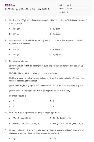 Bộ 7 Đề thi Học kì 2 Hóa 10 cực hay có đáp án (Đề 2)