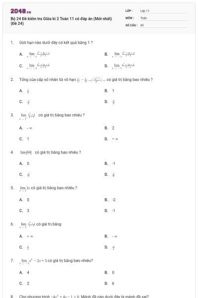 Bộ 24 Đề kiểm tra Giữa kì 2 Toán 11 có đáp án (Mới nhất) (Đề 24)